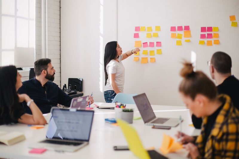 Marketing team collaborating around a table in a modern office